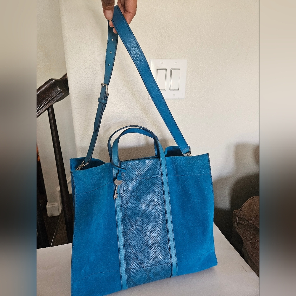 Fossil Carmen Shopper Lagoon  Blue Leather Tote Bag